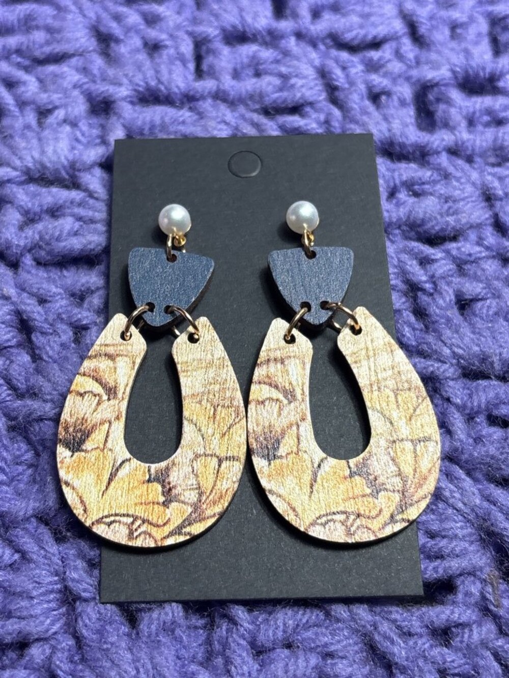Boho Floral Wooden Dangle Earrings Faux Pearl Navy Blue Tan Yellow 2 3/8 inches